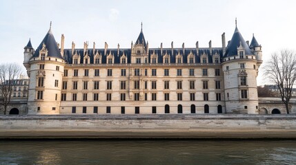 Fototapeta premium Historic architectural beauty of a stunning facade featuring pointed towers and intricate detail along the Seine River in Paris, France embracing classic European design elements