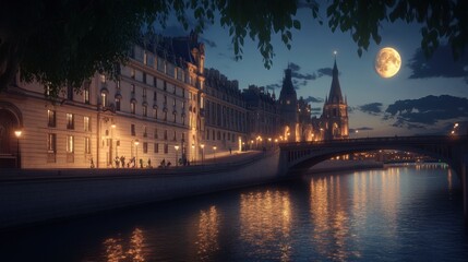 Fototapeta premium Serene Night View of Historic Architecture along the River with Moonlight Reflection and Charming Cityscape in a Romantic Parisian Setting at Dusk