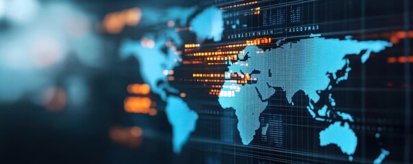 Obraz premium Digital Transformation Supply Chain, A global map on a digital interface, displaying the flow of goods through various ports, warehouses, and transit points