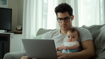 A father balances work and parenting in a warm, inviting living room while holding his baby and using a laptop