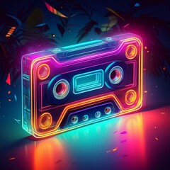 Obraz premium Neon cassette. 90s nostalgia. Listening to music