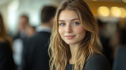 Obraz premium The young woman converses with other attendees in a dynamic networking event, highlighting professional interactions in a contemporary setting