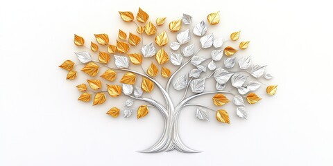 decorative modern silver and gold tree isolated on a white background 