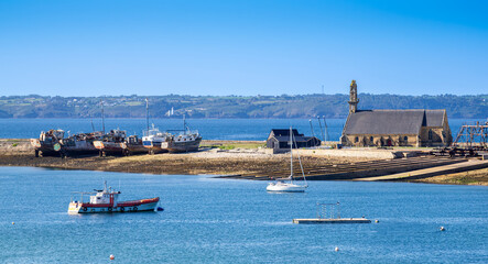Shipwrecks and church Notre dame de Rocamadour in Camaret sur Mer, Brittany, France