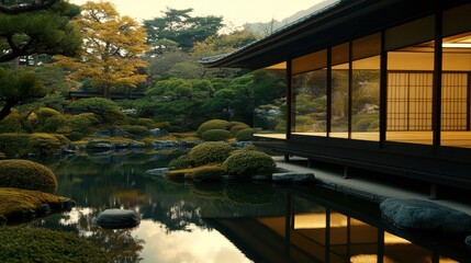 Fototapeta premium Tranquil Japanese Garden at Sunset with Reflections, Stone Pathways, Lush Greenery, and Traditional Architecture Emphasizing Natural Beauty and Serenity