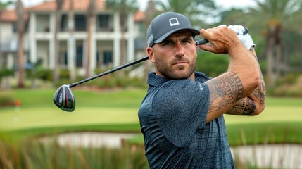 Capturing a moment of focus, a man swings his golf club on a vibrant green course while wearing a cap and polo shirt