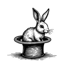 rabbit on magic top hat engraving black and white outline