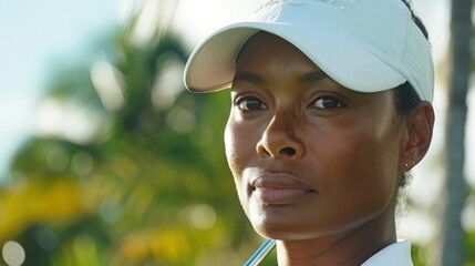 A woman focuses intensely as she prepares for her golf shot on a brightly lit day amidst vibrant green grass and a clear sky