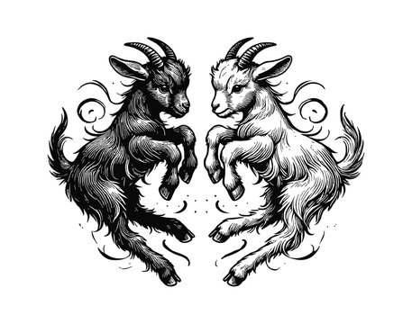 recommend clip art: two baby goats jumping black and white engraving black and white outline