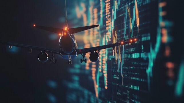 Airplane flying in front of a stock market chart with fluctuations and numbers.