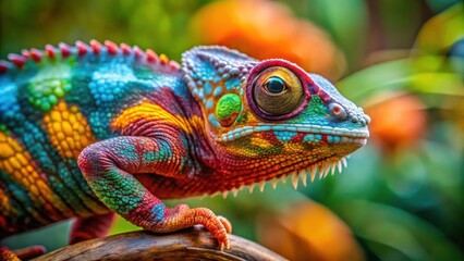 Obraz premium A Vibrant Chameleon With Vivid Colors and Intricate Patterns Perched on a Branch Against a Lush Green Background