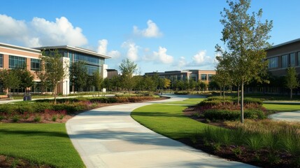 Fototapeta premium Serene Pathway Through Lush Greenery Leading to Modern Buildings Under a Clear Blue Sky in a Peaceful Outdoor Environment