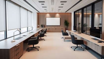 A modern, minimalist executive office space featuring neutral-toned furniture, clean lines, and a sense of understated sophistication, with a focus on functionality and calmness.