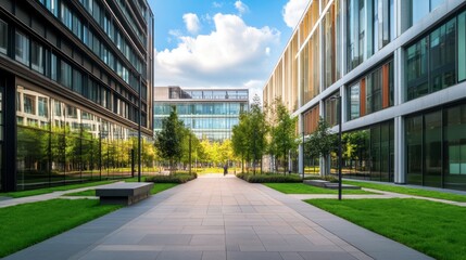 Modern Urban Architectural Landscape with Lush Greenery and Clear Blue Sky, Showcasing Contemporary Design and Vibrant Outdoor Spaces in a City Setting