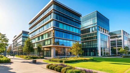 Obraz premium Modern Business District Featuring Sleek Glass Buildings Surrounded by Lush Green Landscapes and Well-Manicured Gardens with Clear Blue Sky