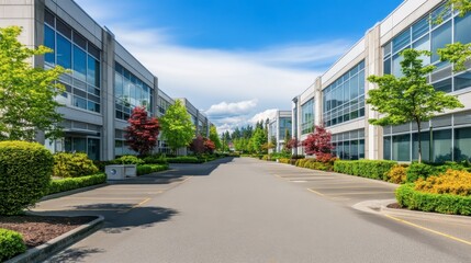 Fototapeta premium Modern Business Complex Surrounded by Lush Greenery under a Bright Blue Sky, Showcasing Contemporary Architecture and Well-Maintained Landscaping