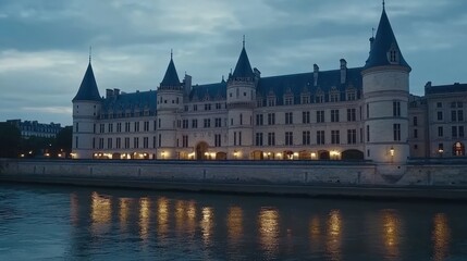 Fototapeta premium Enchanting evening view of a historic castle reflected in the tranquil waters, showcasing its stunning architecture against a twilight sky in a serene setting