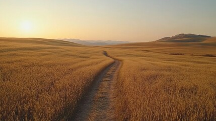 Fototapeta premium Golden fields stretching under a serene sunset glow
