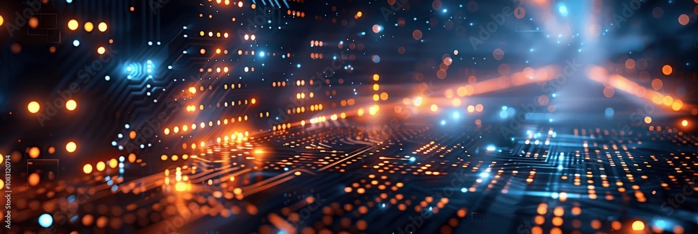 Wall mural high-tech digital background with glowing lights and circuit board elements
