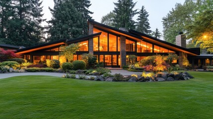 Obraz premium Modern Architectural Design of a Stunning House Surrounded by Lush Greenery and Beautiful Landscaping Under Warm Evening Lights in a Peaceful Neighborhood
