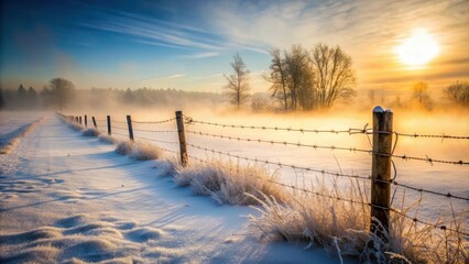 A Frosted Fence Post Stands Tall Against a Backdrop of Misty Fields and a Golden Sunrise