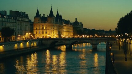 Naklejka premium Elegant Nighttime Scene of Historic Paris Building Reflected in Water with Illuminated Streets and Calm Riverbank Setting