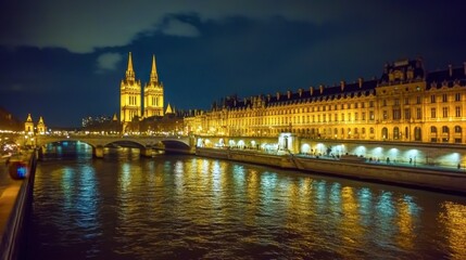 Fototapeta premium Stunning Night View of the Seine River in Paris Featuring Illuminated Gothic Architecture and Reflections on Water Surface