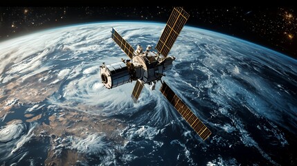 Naklejka premium A spacecraft orbits Earth with a view of clouds and continents.