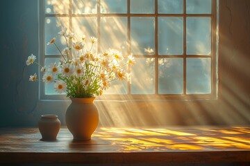 Fototapeta premium Sunlight streams through a window illuminating a vase of daisies on a wooden table.