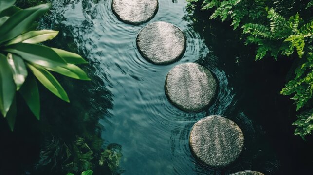 Serene stepping stones across a tranquil reflective water surface