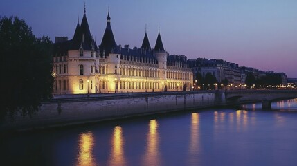 Obraz premium Scenic Evening View of Historic Architecture by River with Illuminated Buildings and Calm Water Reflections Under a Twilight Sky in Paris, France