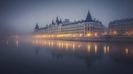 Obraz premium Atmospheric Misty Scene of Historic Architecture by River, Captivating View of Illuminated Buildings, Enchanting Fog and Serene Water Reflection at Dusk