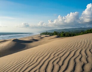 Fototapeta premium The Expansive Sand Dunes of Parangkusumo Beach, Yogyakarta, Where the Wind Sweeps Across the Rolling Sandscape, Creating Unique Desert-Like Patterns Along Java’s Southern Coast