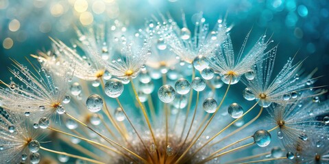 Fototapeta premium Delicate Dandelion Seed Heads Dusted with Dew Drops in a Turquoise Light