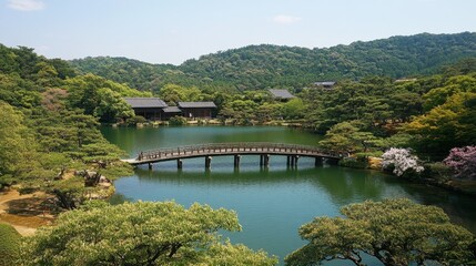 Fototapeta premium Serene Japanese Garden with Tranquil Lake, Wooden Bridge, Lush Greenery, and Traditional Architecture Under a Clear Blue Sky