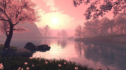 Serene Cherry Blossom Landscape at Sunrise with Reflections on Calm Water, Vibrant Pink Sky, and Soft Blossoms Framing a Peaceful Nature Scene