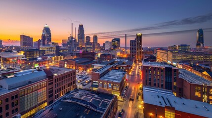 Obraz premium Aerial View of Urban Skyline at Dusk with Vibrant Lights and Modern Architecture in a Bustling City Scene