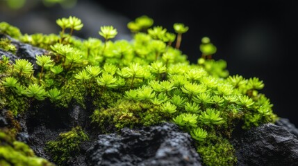 Vibrant green moss covering dark rocky surface in nature