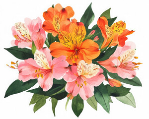A vibrant bouquet of assorted flowers featuring pink and orange blooms, perfect for spring decorations or floral design.