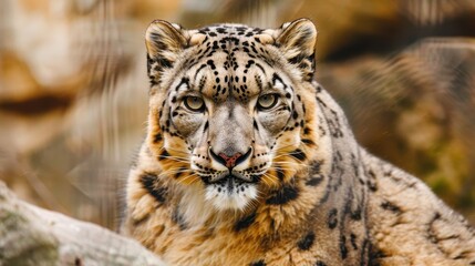 Fototapeta premium Majestic Close-Up of a Snow Leopard Featuring Distinctive Coat Patterns and Intense Gaze in Natural Habitat, Radiating Strength and Grace