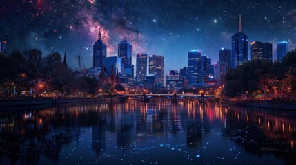 Naklejka premium Stunning Night Cityscape of Melbourne with a Starry Night Sky and Reflections on the Yarra River, Illuminated Buildings, and Vibrant Urban Life