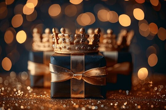 Three Gold Crowns on Glittery Background for Epiphany Day Celebration