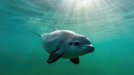 Fototapeta premium Graceful Dolphin Swimming Underwater in a Calm Sea with Sunlight Streaming Through the Water Creating an Enchanting Atmosphere