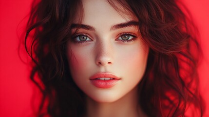 Fototapeta premium Close-up portrait of a young woman with wavy brown hair and gray eyes against a red background.