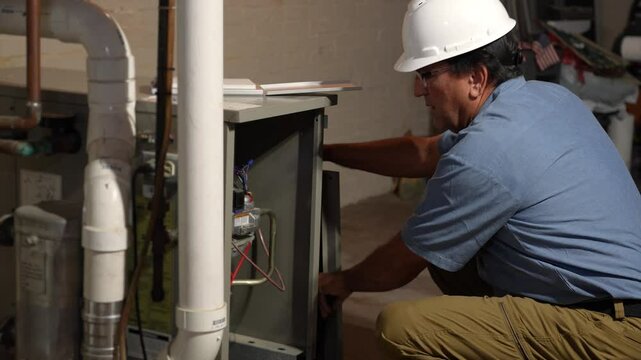 A medium shot of a repair man removing a furnace cover panel to inspect the inner workings of a typical household HVAC system, preparing for winter heating needs.  	