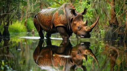 Fototapeta premium A Majestic Rhinoceros Stands in a Lush Wetland Environment Surrounded by Tropical Vegetation and Reflected in Calm Water Under Soft Natural Light