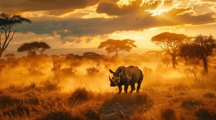 Majestic Rhinoceros Roaming Through Golden Savanna at Sunset Surrounded by Silhouette Trees Under a Colorful Sky in African Wilderness