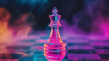 Glass chess king piece on a chessboard with colorful smoke in the background.