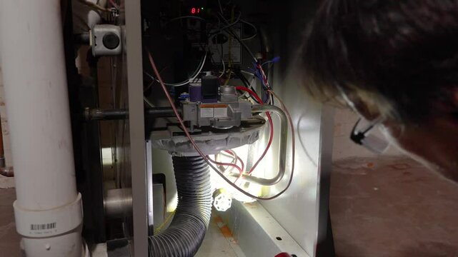 An over the shoulder view of an HVAC repair man inspecting the inner workings of a household basement hot water furnace with a flashlight, preparing for winter heating needs.  	
