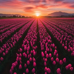 Fototapeta premium A sunset bathes rows of tulips in vibrant pink hues.